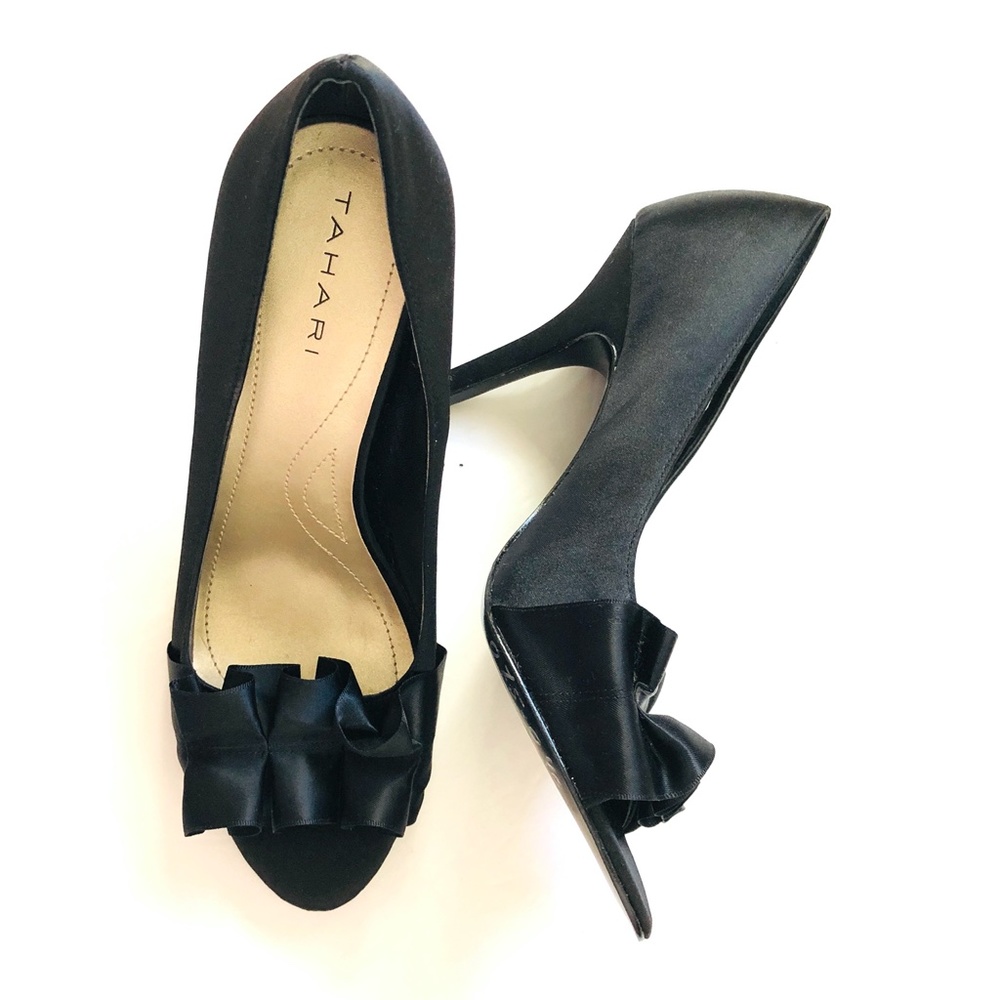 Tahari Satin Ruffle Open Toe Heels